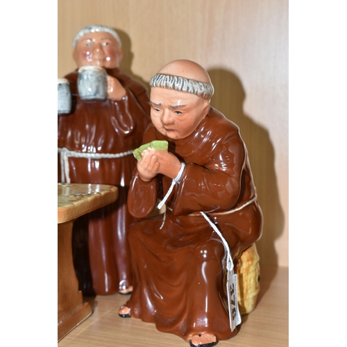 376 - A BRETBY POTTERY TABLEAU OF FOUR MONKS SITTING AROUND A TABLE DRINKING AND PLAYING CARDS (5) (Condit... 