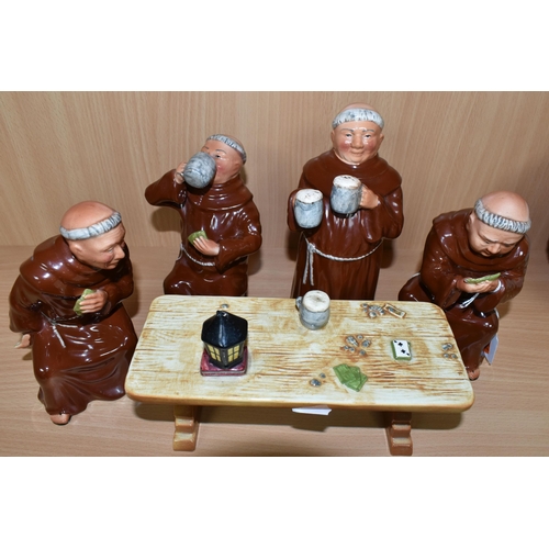 376 - A BRETBY POTTERY TABLEAU OF FOUR MONKS SITTING AROUND A TABLE DRINKING AND PLAYING CARDS (5) (Condit... 