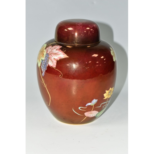 379 - A CARLTON WARE GINGER JAR AND COVER WITH THE KINGFISHER PATTERN ON A ROUGE GROUND, the base impresse... 