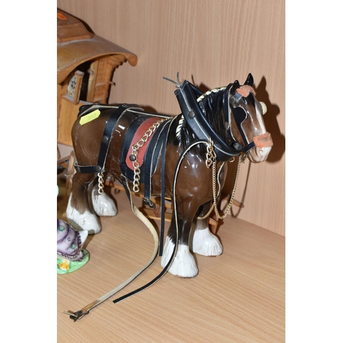 382 - A GROUP OF BESWICK POTTERY FIGURES, comprising a Beswick Shire Horse with harness and wooden gypsy c... 