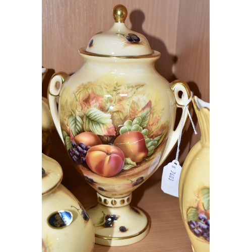 383 - A COLLECTION OF AYNSLEY 'ORCHARD GOLD' PATTERN VASES AND COLLECTOR'S PLATES, comprising an 'Orchard ... 