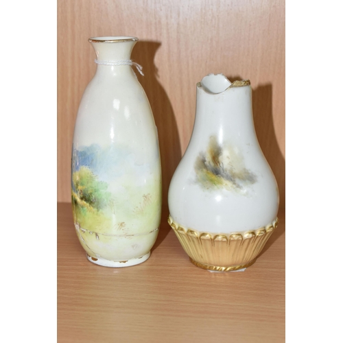 390 - TWO DAMAGED ROYAL WORCESTER PORCELAIN VASES, comprising a baluster vase painted with a pheasant and ... 