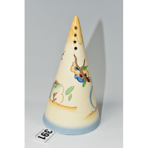 391 - A CLARICE CLIFF 'TIGER TREE' SUGAR SIFTER, of conical form, painted with a fantasy tree in a landsca... 