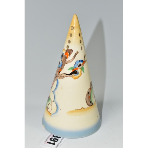 391 - A CLARICE CLIFF 'TIGER TREE' SUGAR SIFTER, of conical form, painted with a fantasy tree in a landsca... 