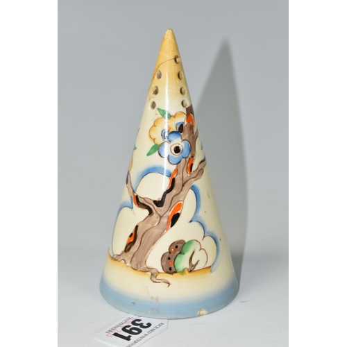 391 - A CLARICE CLIFF 'TIGER TREE' SUGAR SIFTER, of conical form, painted with a fantasy tree in a landsca... 