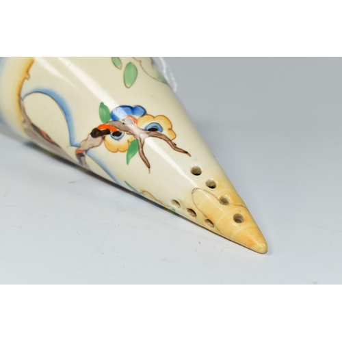 391 - A CLARICE CLIFF 'TIGER TREE' SUGAR SIFTER, of conical form, painted with a fantasy tree in a landsca... 