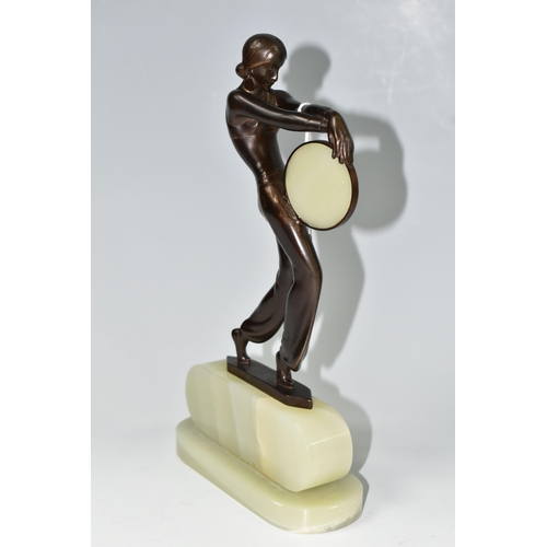 410 - AFTER LORENZL, an Art Deco style bronze figure of a tambourine dancer, on a green onyx base, height ... 