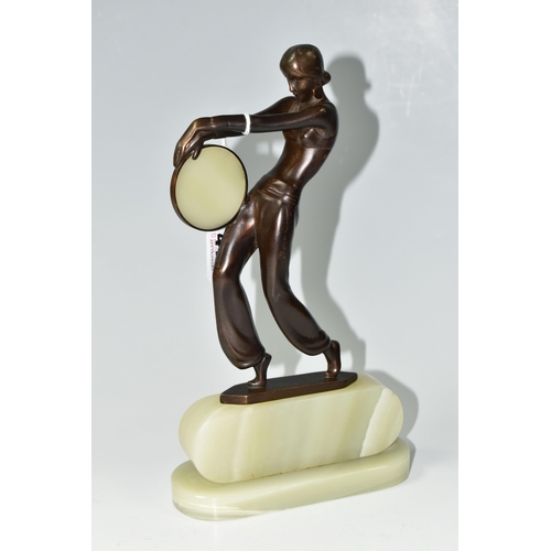 410 - AFTER LORENZL, an Art Deco style bronze figure of a tambourine dancer, on a green onyx base, height ... 