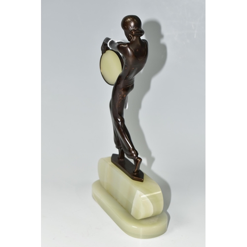 410 - AFTER LORENZL, an Art Deco style bronze figure of a tambourine dancer, on a green onyx base, height ... 