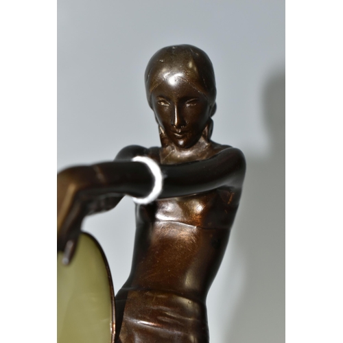 410 - AFTER LORENZL, an Art Deco style bronze figure of a tambourine dancer, on a green onyx base, height ... 