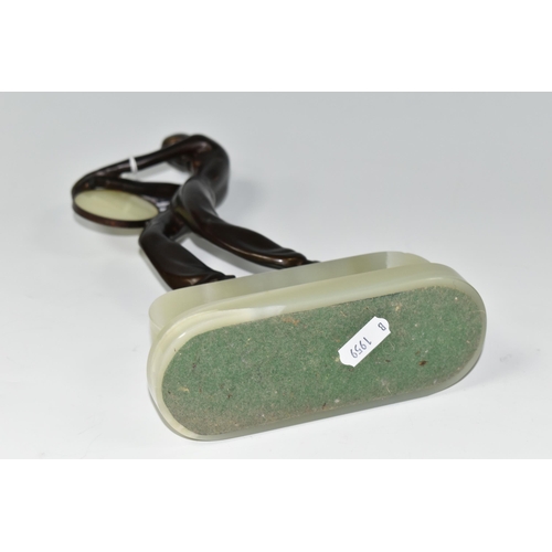 410 - AFTER LORENZL, an Art Deco style bronze figure of a tambourine dancer, on a green onyx base, height ... 