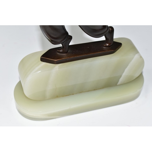 410 - AFTER LORENZL, an Art Deco style bronze figure of a tambourine dancer, on a green onyx base, height ... 