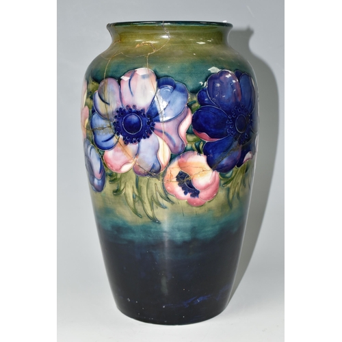 414 - A LARGE MOORCROFT POTTERY 'ANEMONE' PATTERN VASE, with tube lined Anemone pattern on a graduated gre... 