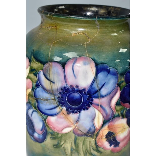 414 - A LARGE MOORCROFT POTTERY 'ANEMONE' PATTERN VASE, with tube lined Anemone pattern on a graduated gre... 