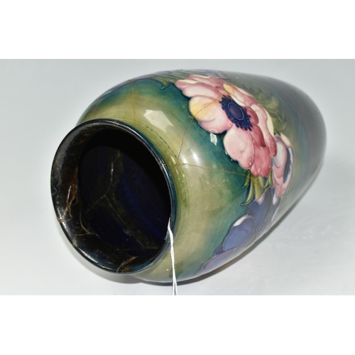 414 - A LARGE MOORCROFT POTTERY 'ANEMONE' PATTERN VASE, with tube lined Anemone pattern on a graduated gre... 