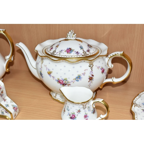 415 - A TWENTY SEVEN PIECE ROYAL CROWN DERBY 'ROYAL ANTOINETTE' A1225 TEA SERVICE, comprising a teapot (se... 