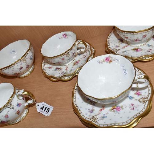 415 - A TWENTY SEVEN PIECE ROYAL CROWN DERBY 'ROYAL ANTOINETTE' A1225 TEA SERVICE, comprising a teapot (se... 