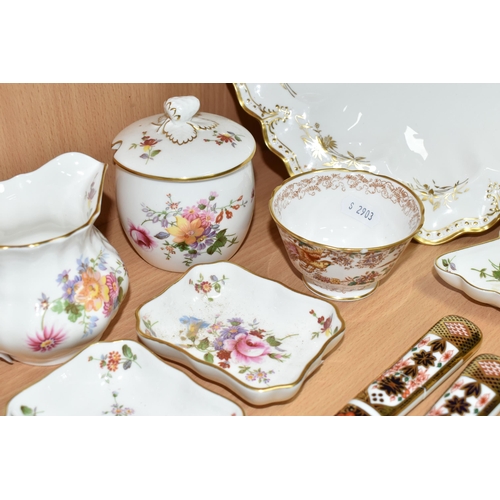 416 - A COLLECTION OF ROYAL CROWN DERBY TEA WARES, comprising two Imari bread knives, for sale to OVER 18s... 