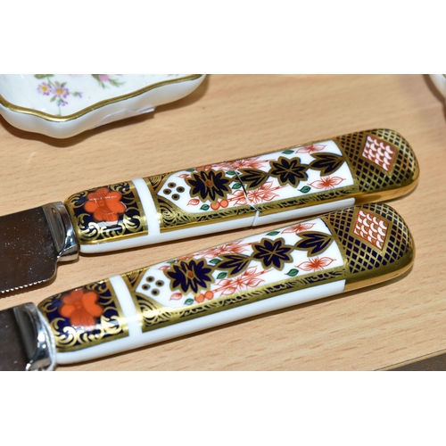 416 - A COLLECTION OF ROYAL CROWN DERBY TEA WARES, comprising two Imari bread knives, for sale to OVER 18s... 