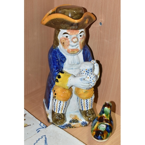 417 - A 19TH CENTURY RALPH WOOD TYPE TOBY JUG, with lid formed of the top of the tricorn hat, painted and ... 