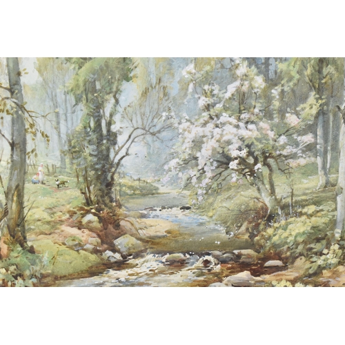 429 - HAROLD GRESLEY (BRITISH 1892-1967) 'DOVEDALE, DERBYSHIRE', a Springtime river landscape with two fig... 