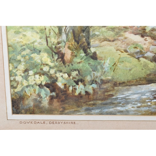 429 - HAROLD GRESLEY (BRITISH 1892-1967) 'DOVEDALE, DERBYSHIRE', a Springtime river landscape with two fig... 