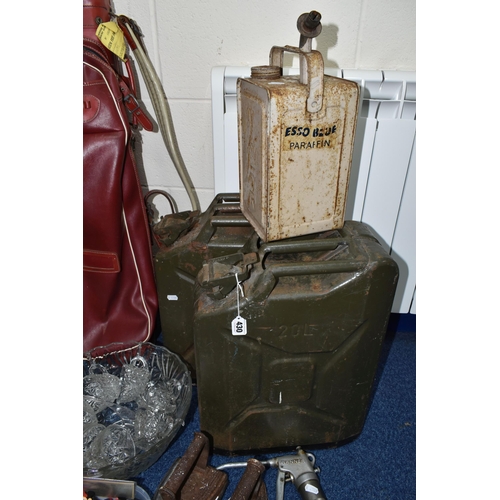 430 - TWO 20 LITRE JERRY CANS, a Valor 'Esso Blue' paraffin can with handle and spout, a Wanner grease gun... 