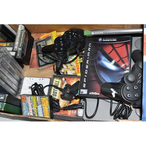 440 - TWO BOXES CONTAINING A SONY PLAYSTATION, two controllers and assorted games, two Sega/Mega Drive mac... 