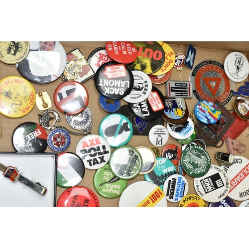 452 - ONE BOX containing over sixty enamel and metal pin badges, keyrings, etc, mainly of a left-wing Poli... 