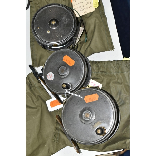 472 - THREE FOSTER BROS OF ASHBOURNE FLY FISHING REELS, comprising two 3 1/2'' reels, and a 4'', all three... 