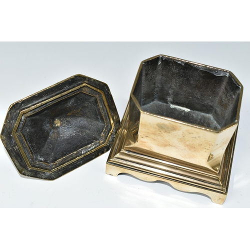 478 - A BELL METAL TOBACCO BOX AND COVER, of architectural form, on bracket feet, width 12.5cm x depth 10c... 