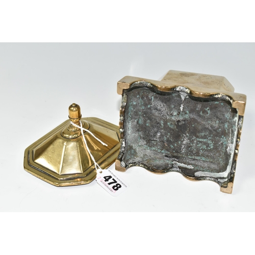 478 - A BELL METAL TOBACCO BOX AND COVER, of architectural form, on bracket feet, width 12.5cm x depth 10c... 