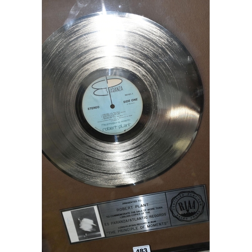 483 - A FRAMED PLATINUM DISC AWARDED TO ROBERT PLANT FOR THE 'PRINCIPLE OF MOMENTS' LONG PLAYING ALBUM, pr... 