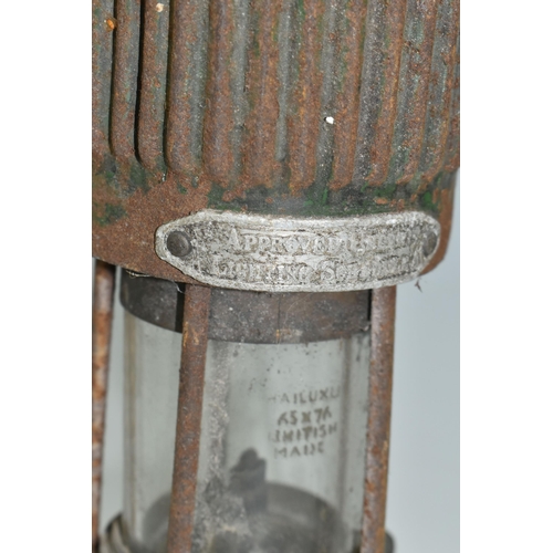 484 - A VINTAGE PATTERSON TYPE MINER'S LAMP, in rusted condition, lettering to top indistinct, bears stamp... 