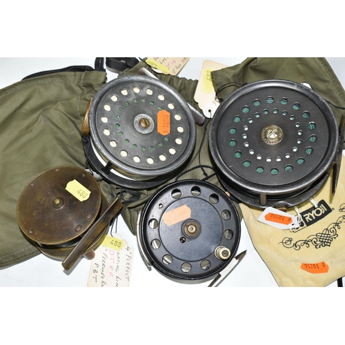 488 - TWO FOSTERS OF ASHBOURNE FLY FISHING REELS AND TWO OTHER UNMARKED REELS, the Fosters reels in 4'' an... 