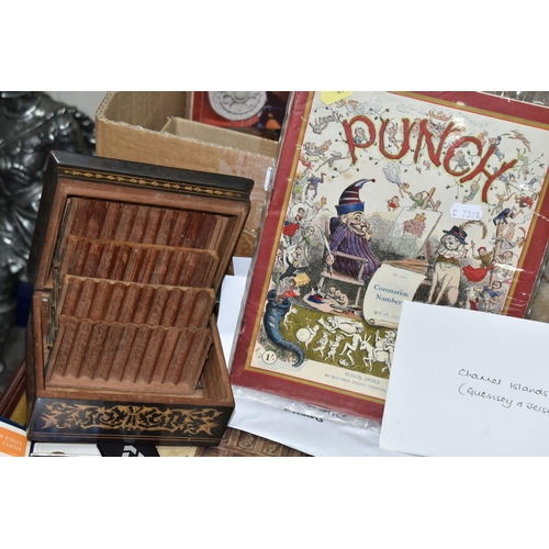 494 - ONE BOX OF COLLECTABLE COINS, CIGARETTE BOXES AND PUNCH MAGAZINES, to include a collection of coins ... 