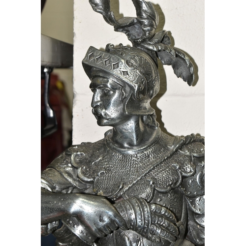 496 - A CAST METAL EUROPEAN MILITARY FIGURE, in full armour, height 78cm (1) (Condition Report: broken rig... 