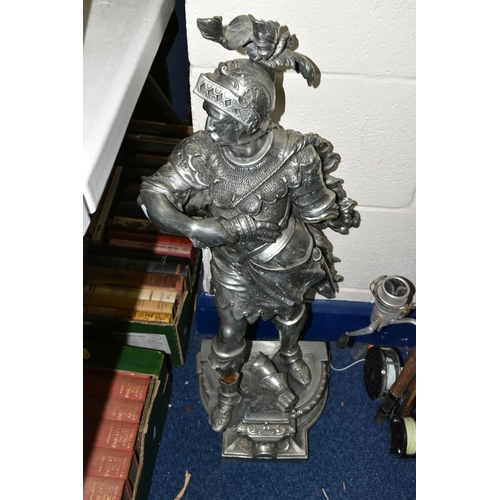 496 - A CAST METAL EUROPEAN MILITARY FIGURE, in full armour, height 78cm (1) (Condition Report: broken rig... 