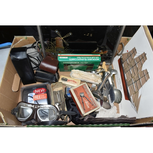 511 - TWO BOXES AND LOOSE TOYS, GAMES, METAL WARES AND SUNDRY ITEMS, to include a vintage child's rocker i... 