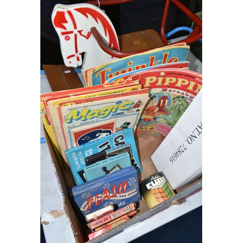 511 - TWO BOXES AND LOOSE TOYS, GAMES, METAL WARES AND SUNDRY ITEMS, to include a vintage child's rocker i... 