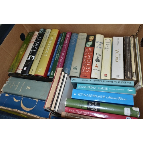 512 - SIX BOXES OF BOOKS containing approximately 140 Historical titles in hardback and paperback formats,... 