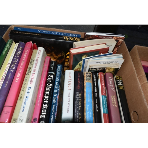 512 - SIX BOXES OF BOOKS containing approximately 140 Historical titles in hardback and paperback formats,... 