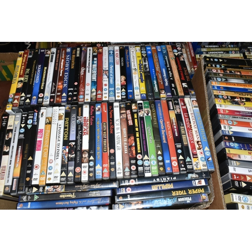 514 - SIX BOXES OF DVDS containing over 320 miscellaneous Film and TV titles including box sets