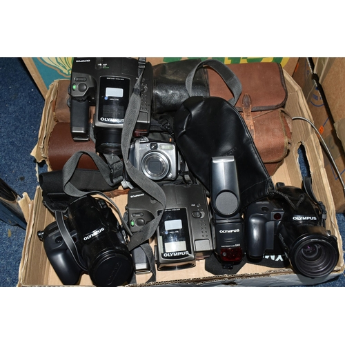 515 - TWO BOXES OF CAMERAS AND BINOCULARS, to include a Canon PowerShot A710 IS digital camera, two Olympu... 