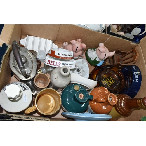 519 - THREE BOXES OF CERAMICS, GLASS WARES AND SUNDRY ITEMS, to include advertising ashtrays and decanters... 