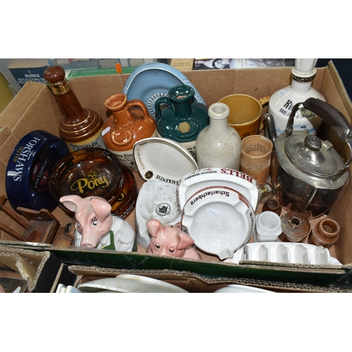 519 - THREE BOXES OF CERAMICS, GLASS WARES AND SUNDRY ITEMS, to include advertising ashtrays and decanters... 