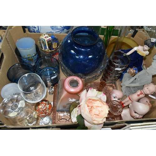 519 - THREE BOXES OF CERAMICS, GLASS WARES AND SUNDRY ITEMS, to include advertising ashtrays and decanters... 