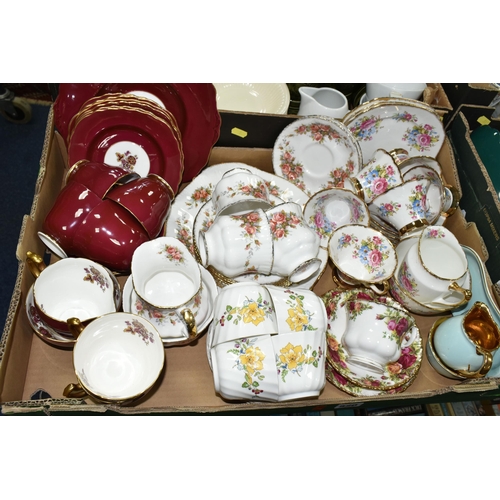 520 - TWO BOXES OF TEA WARES, to include a Royal Albert Old Country Roses trio, fifteen pieces of Paragon ... 