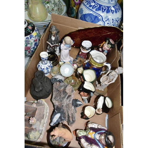 522 - A BOX AND LOOSE CERAMICS AND SUNDRY ITEMS, to include a Wade Heath Art Deco style jug, Royal Doulton... 