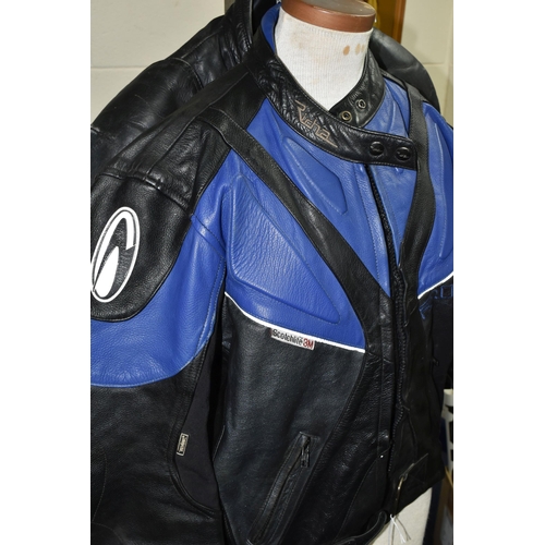 532 - ONE BOX OF CAR PARTS AND TWO LEATHER BIKER'S JACKETS, to include a black with blue panels 'Richa' bi... 